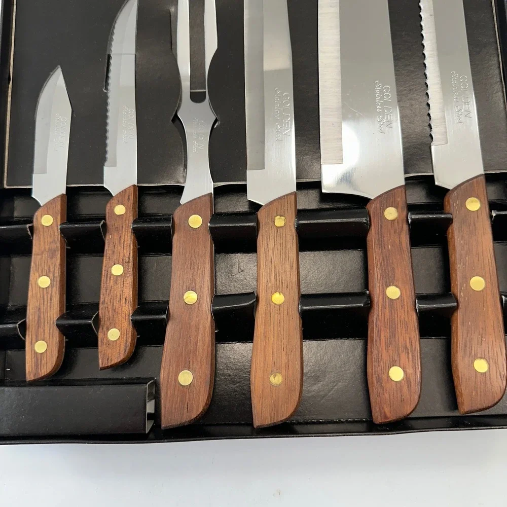 Vintage Golden Gourmet Cutlery Set‎ 6 Piece Carving Knife Fork Stainless Steel